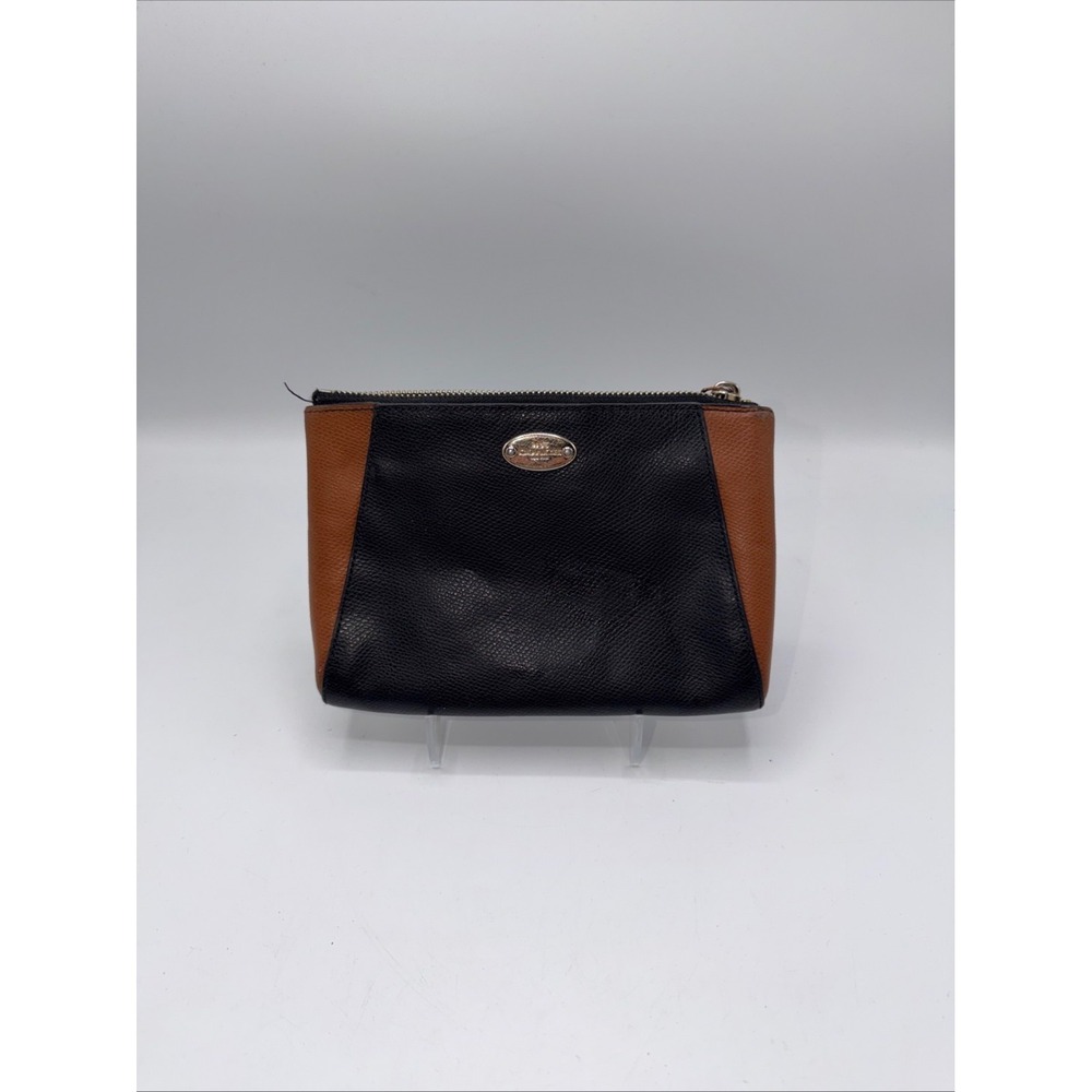 Coach Black/Brown Colorblock Pebbled Wristlet, Zip‎ Closure, Logo, Gold HW